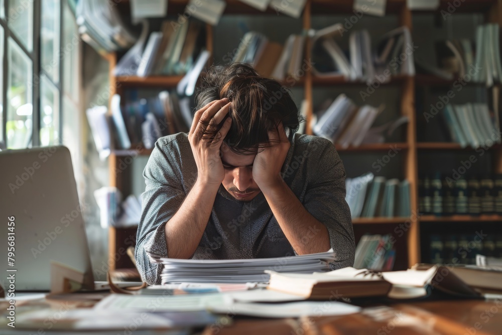 Stressed man with head in hands at desk, surrounded by paperwork and books, evoking personal toll of financial distress and potential bankruptcy. Bankrupt man, insolvent, defaulte, failure, insolvency Stressed man with head in hands at desk, surrounded by paperwork and books, evoking personal toll of financial distress and potential bankruptcy. Bankrupt man, insolvent, defaulte, failure, insolvency