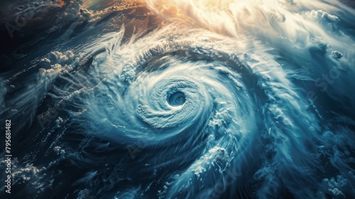 Satellite image capturing the detailed structure of a cyclone over the ocean with intricate cloud patterns photo