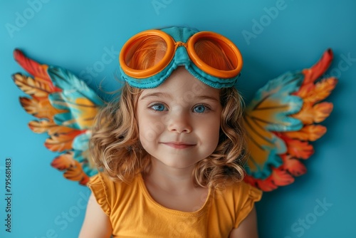 A young girl smiles cheekily wearing a yellow shirt and colorful wings, depicting playfulness and imagination photo