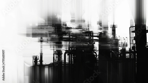 Industrial ghostscape, a high-contrast, monochromatic image that captures the ghostly blurs and layered transparencies of industrial structures