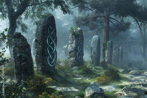 Ancient Druid Circle with DNA Carvings in Forest © spyrakot