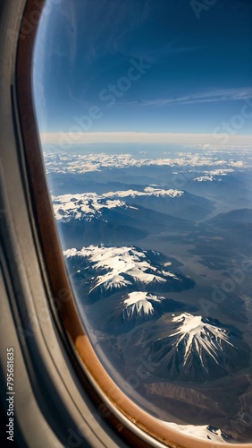 A view of the mountains from the window of a Boing 747 airplane.