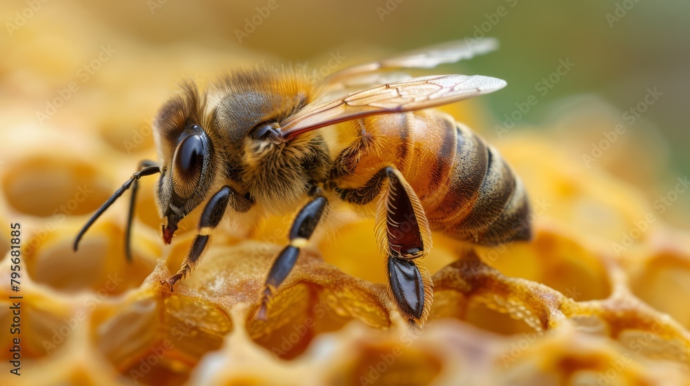 Honey bee meticulously working on the waxy cells of a golden honeycomb, a detailed macro photograph Honey bee meticulously working on the waxy cells of a golden honeycomb, a detailed macro photograph