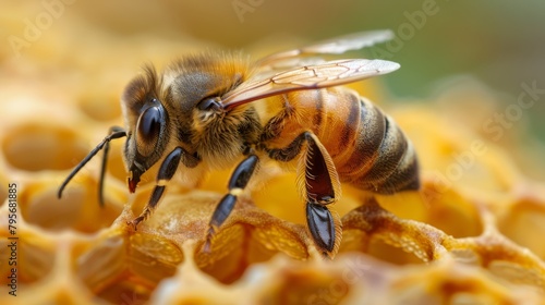 Honey bee meticulously working on the waxy cells of a golden honeycomb, a detailed macro photograph