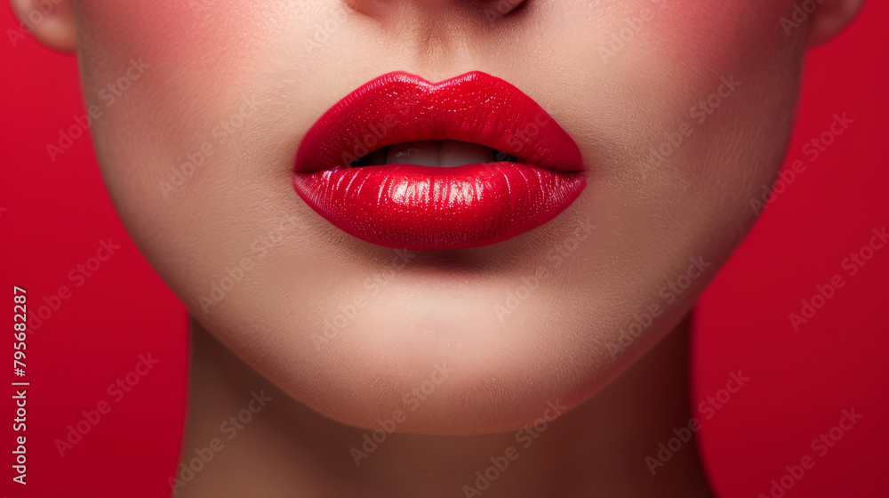 Close-up of perfect red lips against a red background, highlighting the glossy finish and precise application Close-up of perfect red lips against a red background, highlighting the glossy finish and precise application