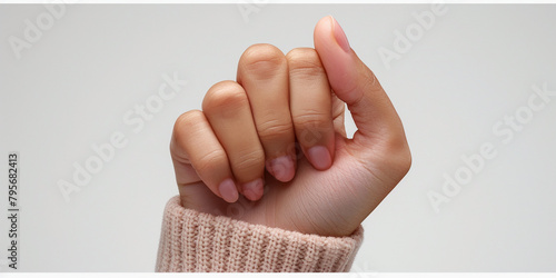 Coma Female Hand Pointing Thumb Up, White Background