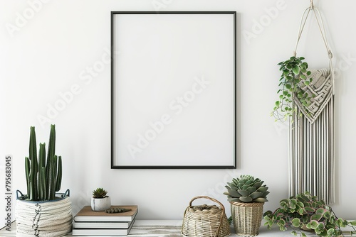 Home stylish interior poster mock up with vertical metal frame, succulents in basket, pile of books and macrame plant hanger on white wall background. 3D rendering photo