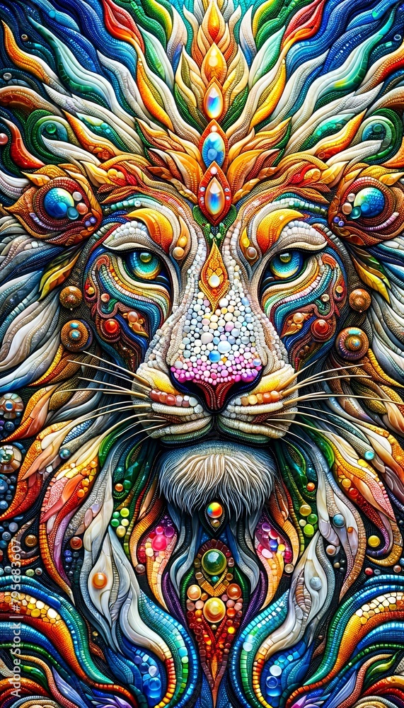 Obraz premium A colorful lion with a blue eye and a pink nose