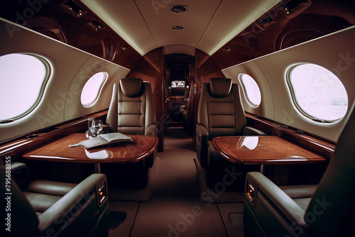 Luxury interior in the modern business jet and sunlight at the window. Sky and clouds through the porthole
