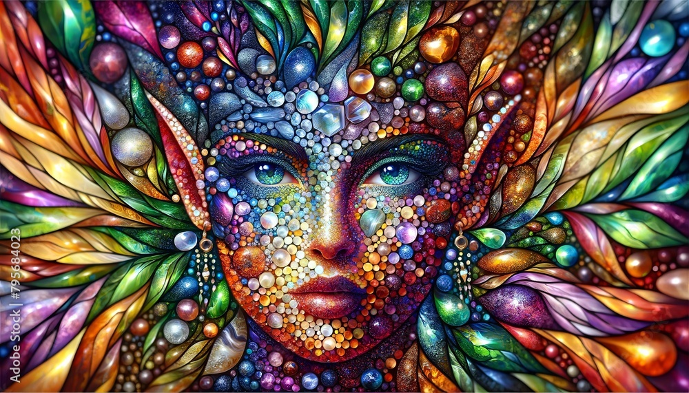 A colorful painting of a woman with a face made of small beads. The painting is vibrant and full of life, with a sense of whimsy and fantasy. The woman's face is surrounded by a colorful A colorful painting of a woman with a face made of small beads. The painting is vibrant and full of life, with a sense of whimsy and fantasy. The woman's face is surrounded by a colorful