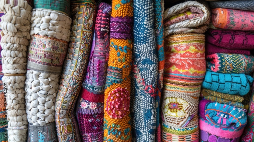 A vibrant array of various textiles presents an eclectic mix of colors and patterns, perfect for creative inspiration and decor