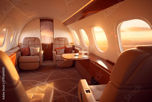 Luxury interior in the modern business jet and sunlight at the window. Sky and clouds through the porthole © Canvas Alchemy