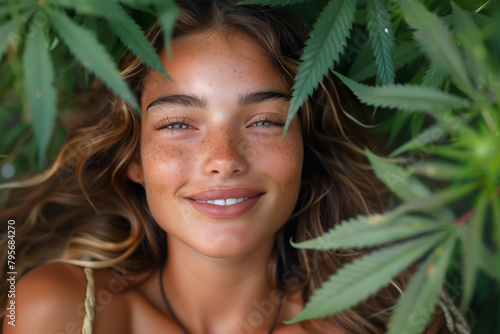 Portrait of a young woman surrounded by marijuana cannabis leaves, stoned concept