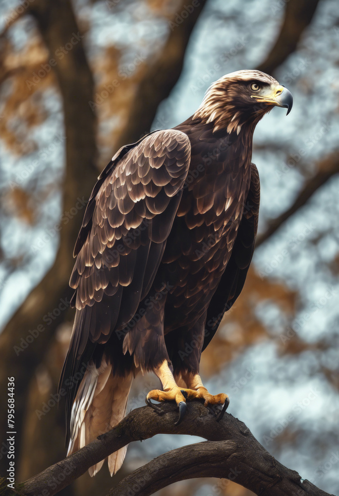 Fototapeta premium Illustration of a bald eagle on a tree in a park