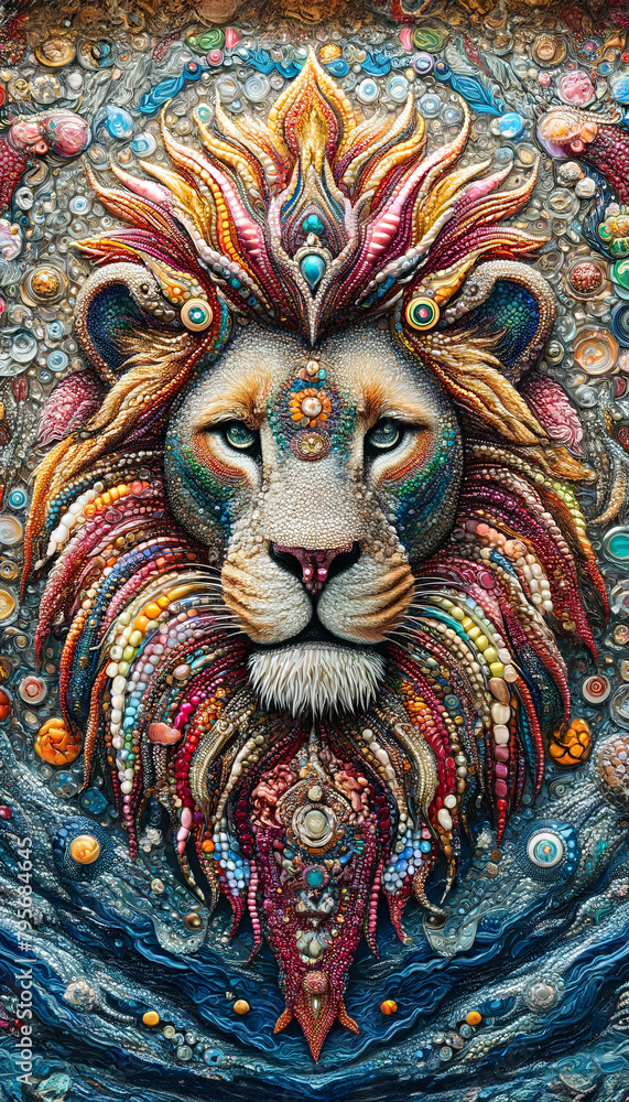 Obraz premium A colorful lion with a blue eye and a pink nose