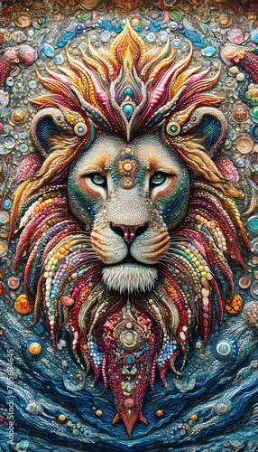 A colorful lion with a blue eye and a pink nose