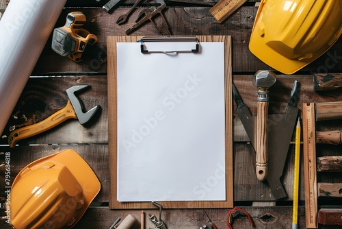 Mockup blank clipboard with white sheet and pencil on carpenter table, White safety helmets and worktools on workbench in woodworking shop photo