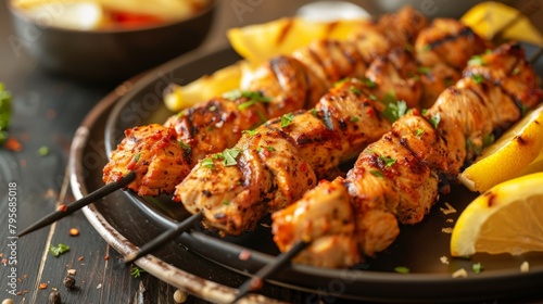 Plate of chicken skewers with lemon slices and fries