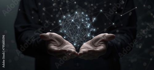 A man holds in his hands an abstract neural network with connections representing a global concept on a dark background in the style of a technology and business theme Generative AI