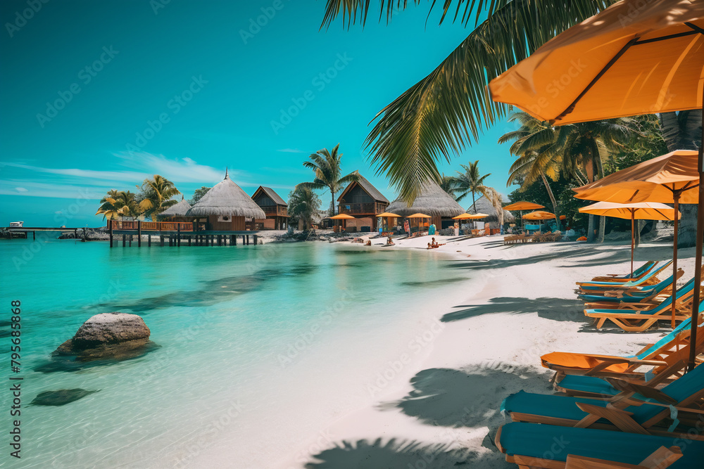 Naklejka premium Umbrellas and chaise longues perfect beach with blue transparent sea