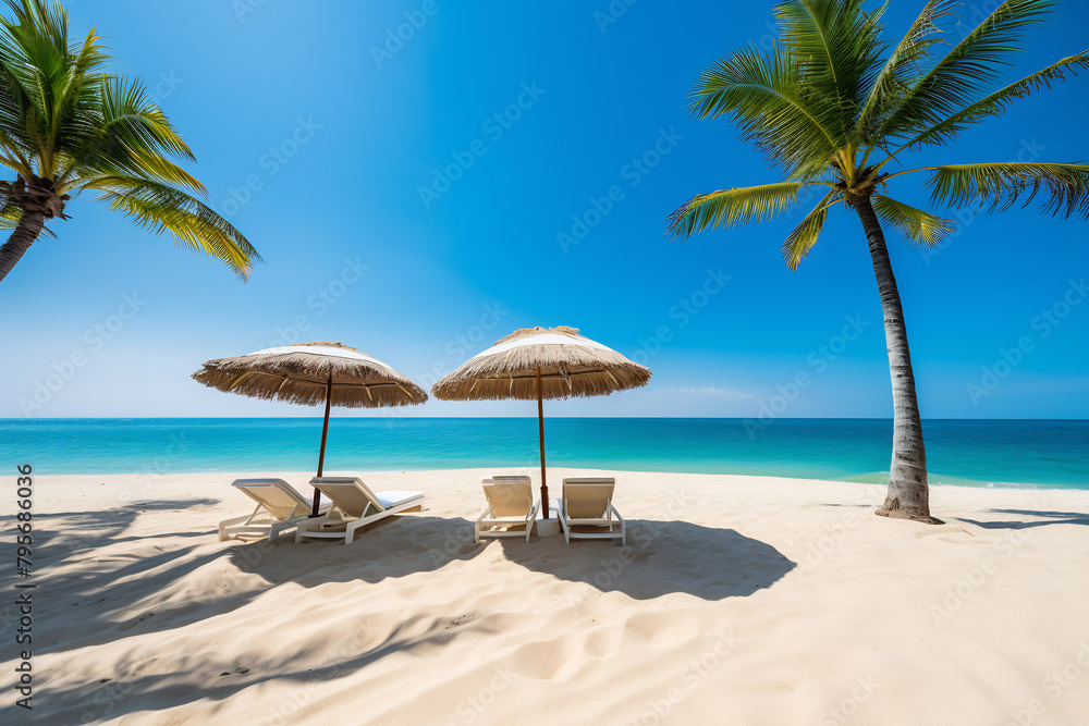 Fototapeta premium Umbrellas and chaise longues perfect beach with blue transparent sea