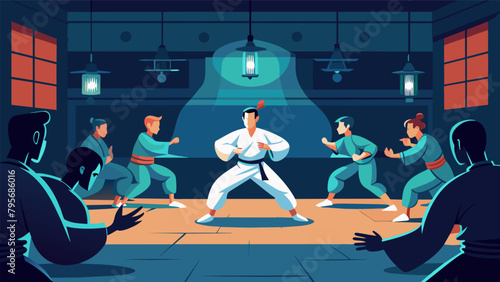 In a dimly lit dojo students perfect their defensive maneuvers under the watchful eye of a trained martial arts master.
