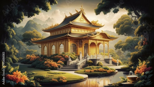 a golden teahouse adorned with intricate gold accents, the tea house surrounded lush gardens with vibrant foliage and tranquil water photo