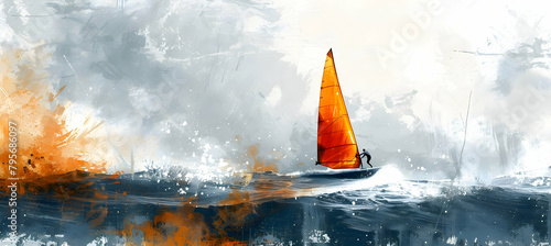 A minimalist sketch of a lone windsurfer on a vast ocean photo