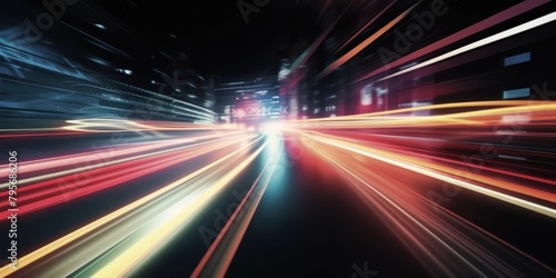 Car motion trails. Speed light streaks background with blurred fast moving light effect, Racing cars dynamic flash effects city road with long exposure night lights © AminaDesign