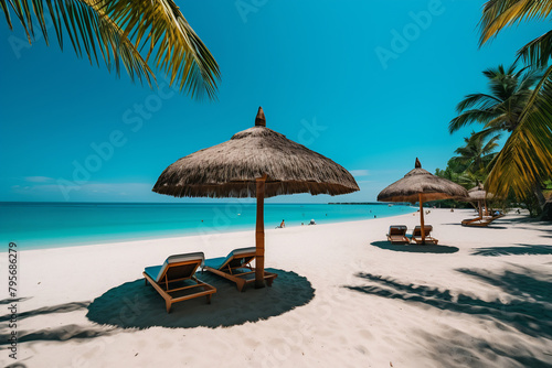 Umbrellas and chaise longues perfect beach with blue transparent sea © Canvas Alchemy