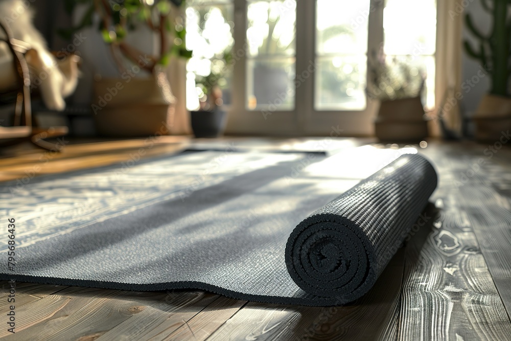 Unrolled grey yoga mat on floor in room Unrolled grey yoga mat on floor in room