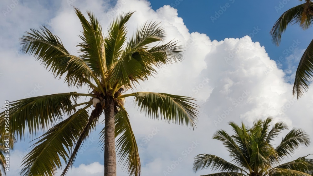 Exotic Bounty: Mature Coconuts on Tropical Palm