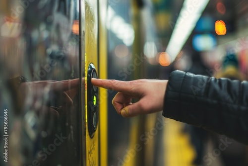 Hand pressing the subway door opening button photo