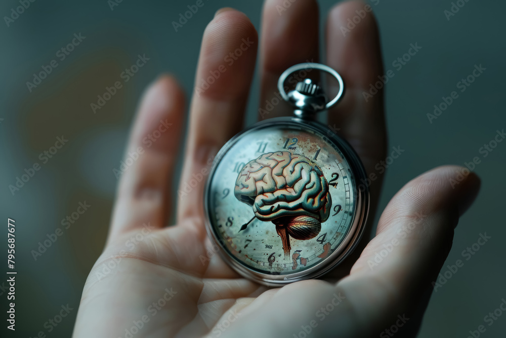 Hand Holding Brain Stopwatch on Critical Anti Drug Day Hand Holding Brain Stopwatch on Critical Anti Drug Day