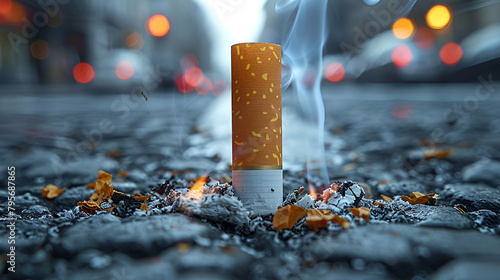 A Cigarette Butt Thrown in the Street ,
Cigarette butt with ash and smoke on dark background closeup photo