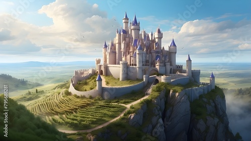 Type of Image: Digital Illustration, Subject Description: A digital illustration depicting a majestic castle on a hill overlooking a vineyard, Art Styles: Fantasy, Art Inspirations: Fantasy concept ar photo