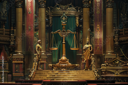 Baroque Courtroom with Golden Scale and Justice Figurine