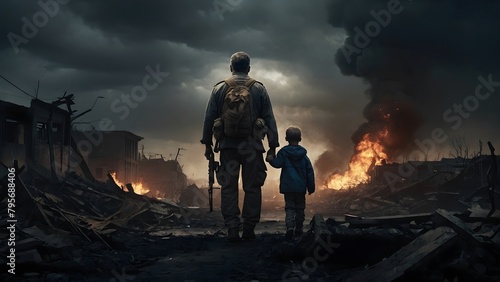 A soldier father stands tall, walking in a war zone with his son, veterans day, world peace day