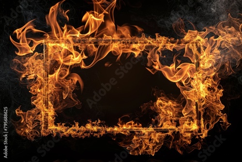A black and orange image of flames with a white frame photo