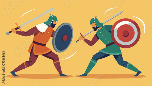 Using only their shields and short swords two warriors engage in a mock battle displaying the quick reflexes and coordination necessary to