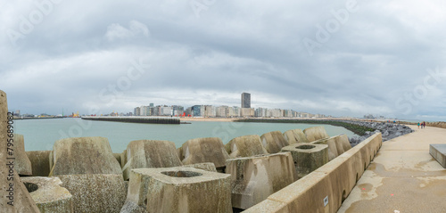 Oostende, Belgium - July 31st: View from the harbour embankment towards the skyline of the city centre