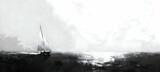 A minimalist sketch of a lone windsurfer on a vast ocean