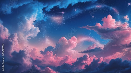 a dreamy landscape where the skies are painted with fantastic blue and pink clouds adorned with glittering stars