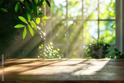 wood table background with sunlight window create leaf shadow on wall with blur indoor green plant foreground.panoramic banner mockup for display of product warm tone lights