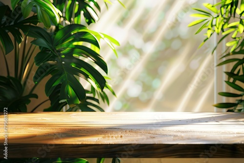 wood table background with sunlight window create leaf shadow on wall with blur indoor green plant foreground.panoramic banner mockup for display of product warm tone lights