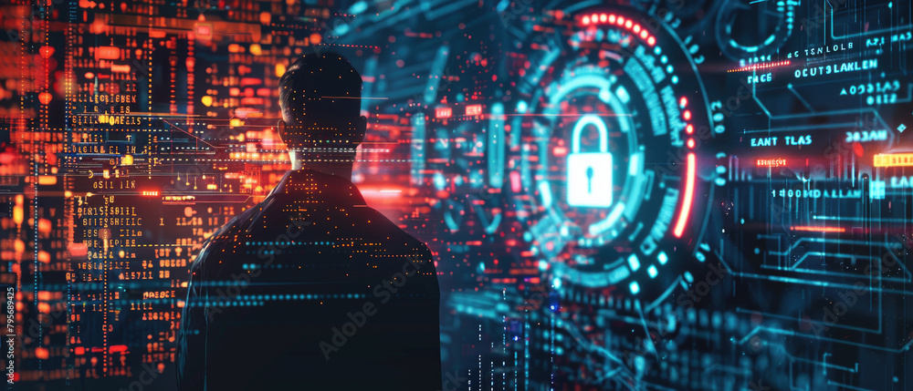 Person and padlock in dark cyber world, abstract digital data background, secure computer information. Theme of lock, protection, privacy, technology, network - obrazy, fototapety, plakaty 
