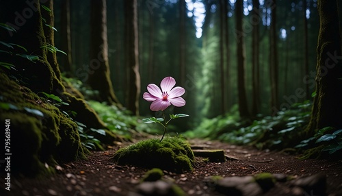 a single pink flower in a dark forest