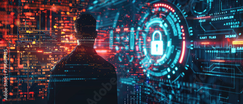Person and padlock in dark cyber world, abstract digital data background, secure computer information. Theme of lock, protection, privacy, technology, network