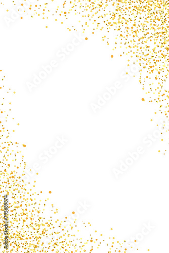 Gold glitter celebratory confetti border frame on transparent background. Gold powder dust luxury. Magic shining gold dust. Celebration design elements, Vertical. PNG