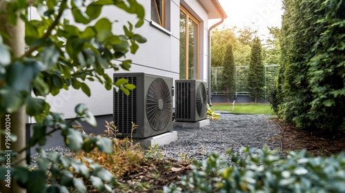 Heat pumps HVAC for efficient residential energy, green energy, energy 4.0. Residential Air Conditioning Unit Operating Efficiently in a Lush Backyard Setting